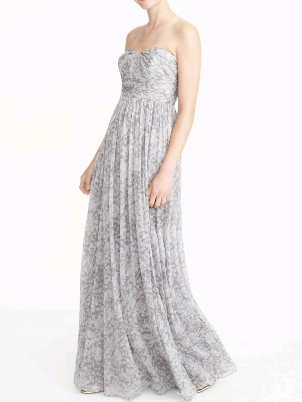 J.Crew Marbella Strapless Silk Chiffon Watercolor Maxi Gown Dress Gray Pink 14